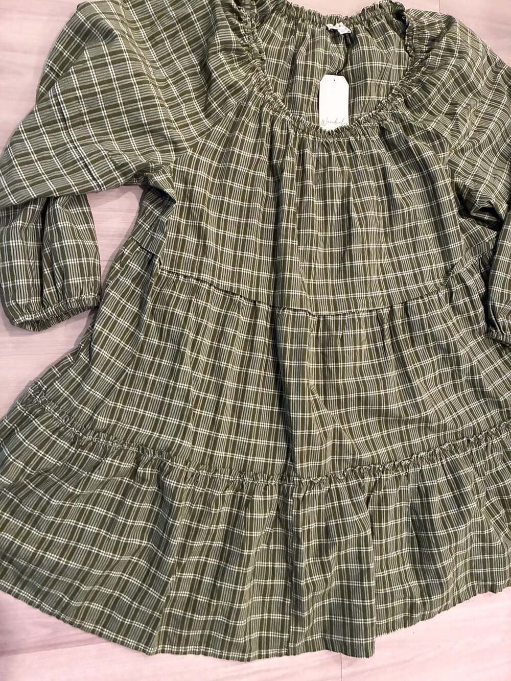 Wonderly Tiered Mini Dress Size 4X Green Plaid Smocked Long Sleeve NWT Plus